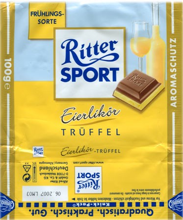 Ritter sport, milk chocolate with eggliquor filled, 100g, 10.2006, Alfred Ritter GmbH & Co. Waldenbuch, Germany
