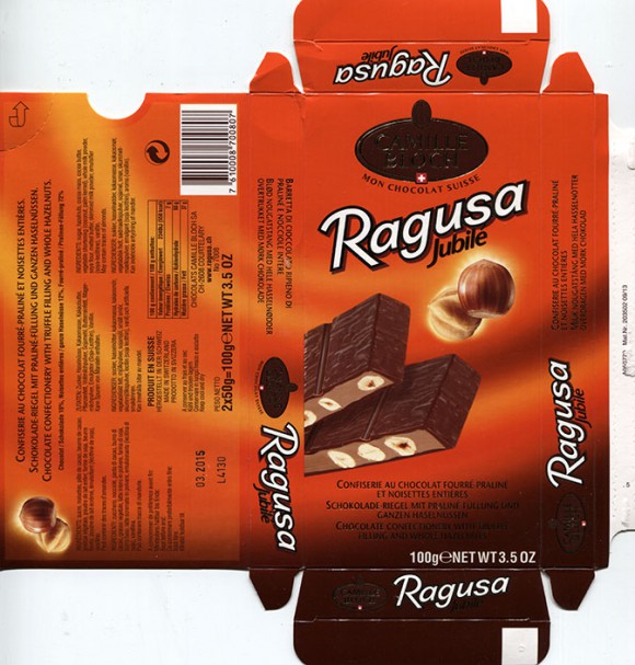 Ragusa Jubile, chocolate confectionery with truffle filling and whole hazelnuts, 100g, 03.2014, Chocolats Camille Bloch S.A., Courtelary, Switzerland