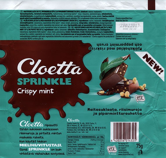 Cloetta sprinkle crispy mint, milk chocolate with rice crisp and peppermint crush, 75g, 23.02.2016, Cloetta Suomi Oy, Turku, Finland