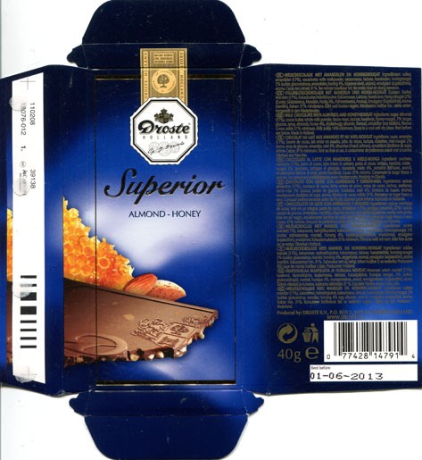Milk chocolate with almonds and honey-nougat, 40g, 01.06.2012, Droste B.V., Vaassen, Netherland