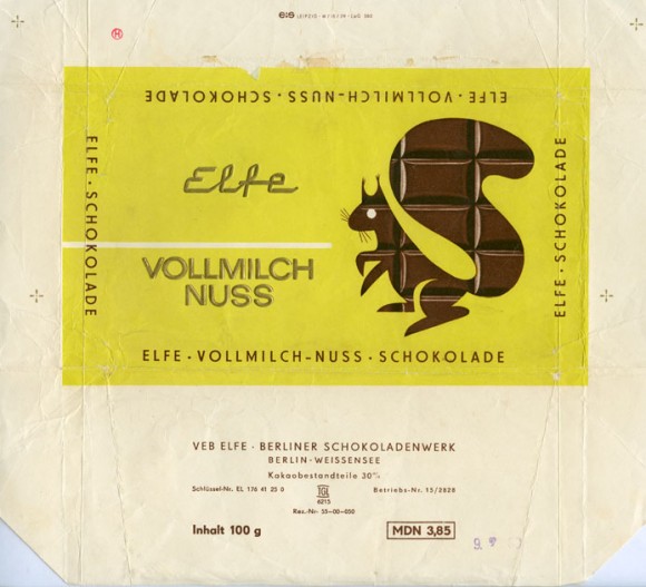 Milk chocolate with hazelnuts, 100g, 1969, Elfe, Berlin-Weissensee, Germany