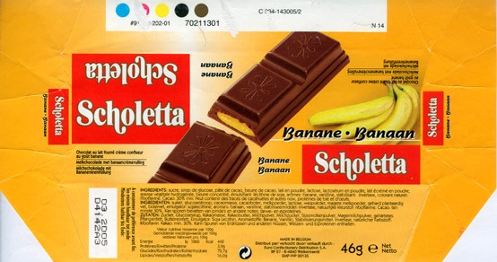 Scholetta, filled milk chocolate with banana flavoured fondant, 46g, 03.2004, Euro Confectionery Distribution S.A, Belgium