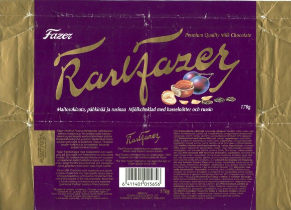 Karlfazer, milk chocolate with hazelnuts and raisins, 170g, 02.05.1996
Fazer Suklaa OY, Helsinki, Finland