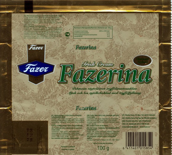 Fazerina, truffle filled milk chocolate with Irish cream taste, 100g, 16.12.2004, Cloetta Fazer, Helsinki, Finland