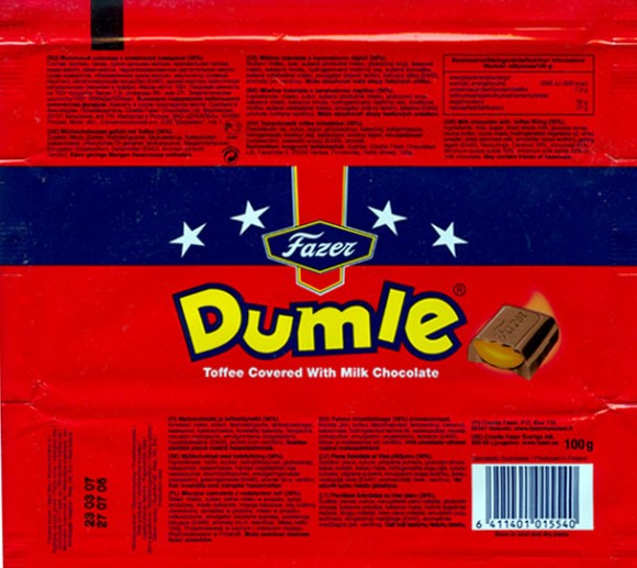Dumle, milk chocolate with toffee filling 36%, 100g, 27.07.2006, Cloetta Fazer Chocolate Ltd, Helsinki, Finland