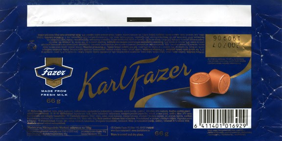 KarlFazer, milk chocolate, 66g, 19.09.2006, Cloetta Fazer Chocolate Ltd, Helsinki, Finland
