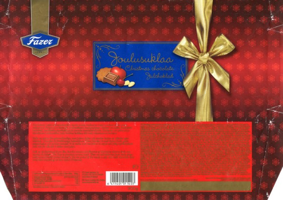 Joulusuklaa, Christmas chocolate, spicy milk chocolate with fruit, ginger bread snaps and almonds, 300g, Fazer Makeiset, Helsinki, Finland