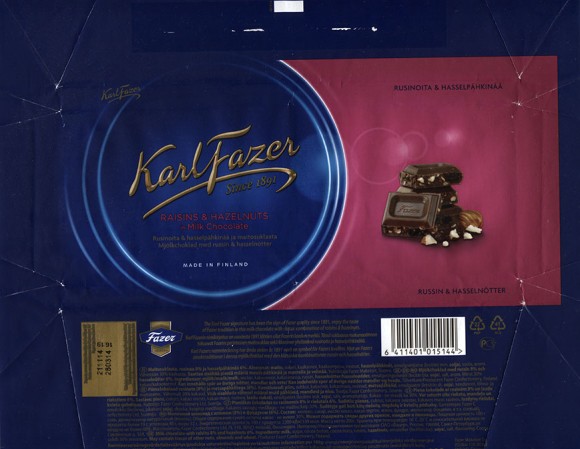 KarlFazer milk chocolate with raisins and hazelnuts, 200g, 26.03.2014, Fazer Makeiset, Helsinki, Finland