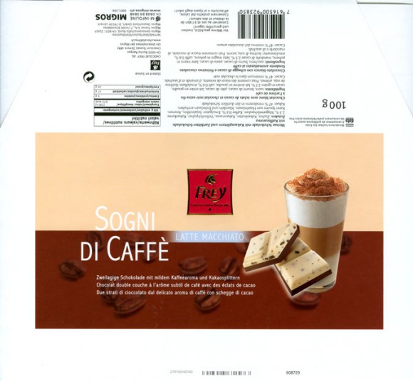 Sogni de Caffe, dark and white chocolate with cacao pieces, 100g, 2003, Chocolat Frey AG, Buchs/Aargau , Switzerland