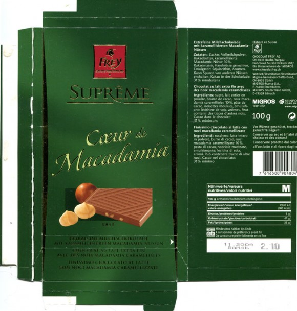 Supreme, Coeur de Macadamia, extra fine milk chocolate with caramel Macadamia nuts, 100g, 11.2004 , Chocolat Frey AG, Buchs, Switzerland