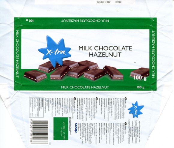 X-tra, milk chocolate with hazelnuts, 100g, 04.2009, Inex Partners Oy Espoo  made in France for COOP Trading A/S