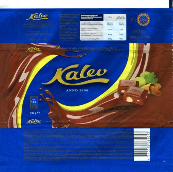 Kalev gooseberry flavoured milk chocolate with almonds, 100g, 07.09.2011, AS Kalev Chocolate Factory, Lehmja, Estonia