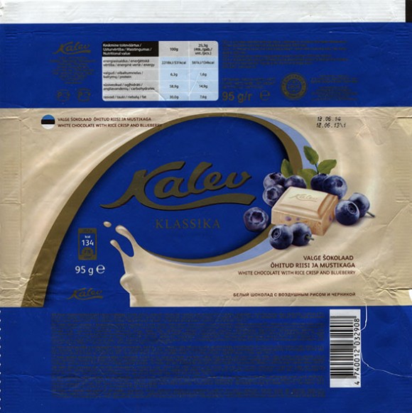 Kalev klassika, white chocolate with rice crisp and blueberry, 95g, 12.06.2013, AS Kalev, Lehmja, Estonia