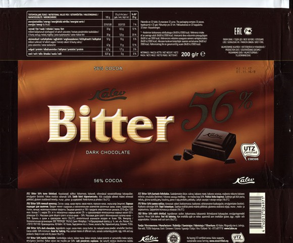 Bitter 56%, dark chocolate, 200g, 23.11.2016, AS Kalev, Lehmja, Estonia
