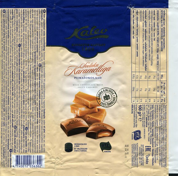 Kalev milk chocolate with salted caramel filling, 100g, 16.04.2018, AS Kalev, Lehmja, Estonia