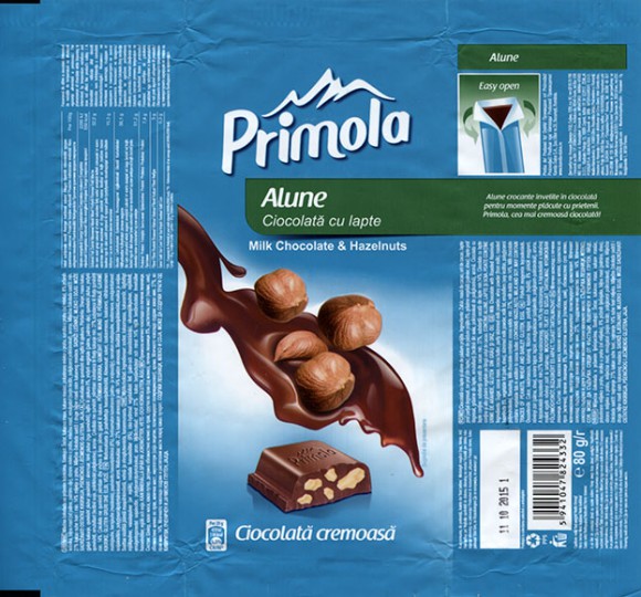 Primola, milk chocolate with roasted hazelnuts, 80g, 11.10.2014, Kandia Dulce S.A, Bucharest, Romania