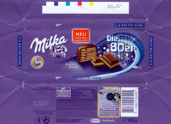 Filled Alpine milk chocolate with cacao flavour filling and cream filling and a layer of biscuit, 100g, 30.08.2006, Kraft Foods Austria, Bludenz, Austria