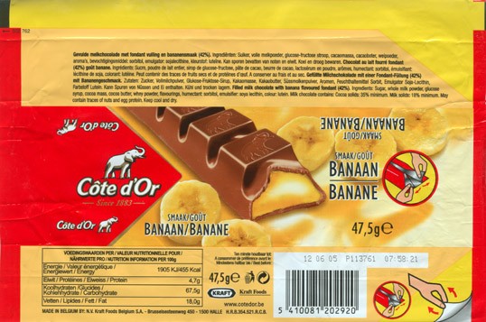 Cote dOr, filled milk chocolate with banana flavoured fondant, 47,5g, 12.06.2004, N.V. Kraft Foods Belgium S.A, Halle, Belgium
