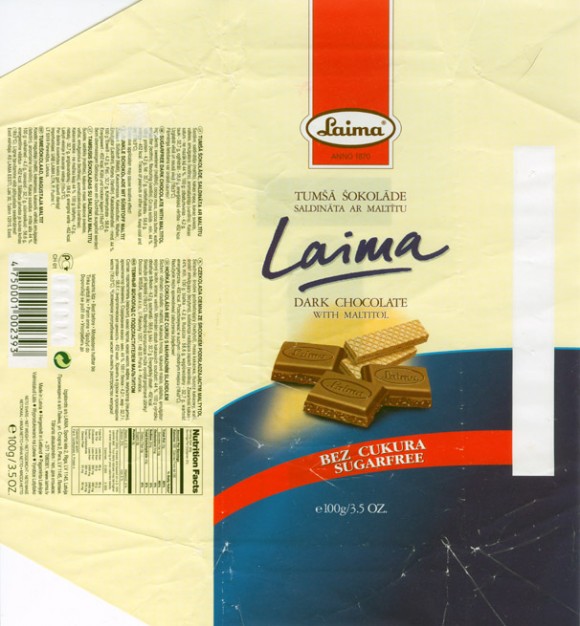 Dark chocolate with maltitol, 100g, 09.10.2003
Laima, Riga