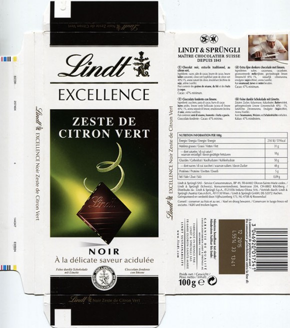 Lindt Excellence, Zeste de Citron Vert, extra fine dark chocolate with lime, 100g, 12.2014, Lindt & Sprungli AG, Kilchberg, Switzerland