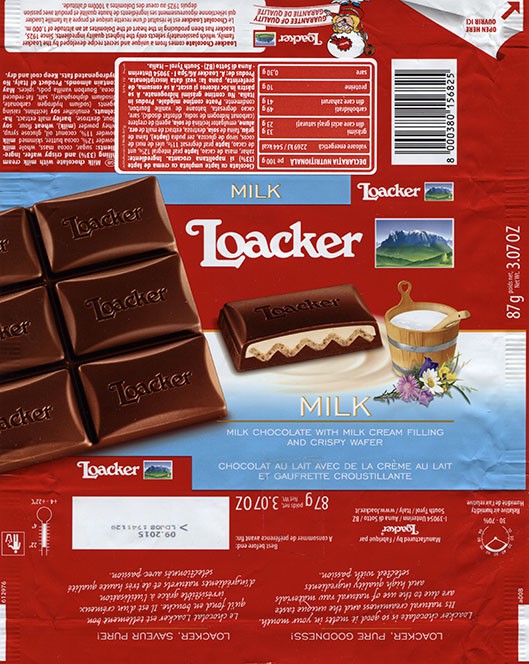 Milk chocolate with milk cream filling and crispy wafer, 87g, 09.2014, Loacker, South Tyrol, Italy