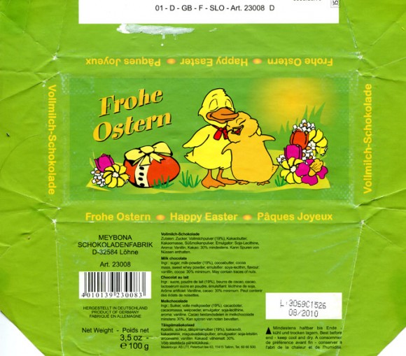 Frohe Ostern, happy Easter, milk chocolate, 100g, 08.2010, Meybona Schokoladefabrik, Lohne, Germany