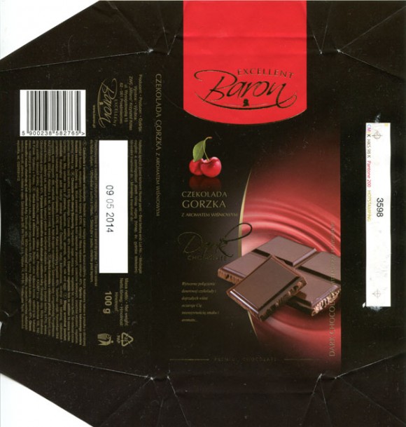 Baron excellent, chocolate with cherry flavouring, 100g, 09.05.2012, Millano ZWC, Przezmierowo, Poland