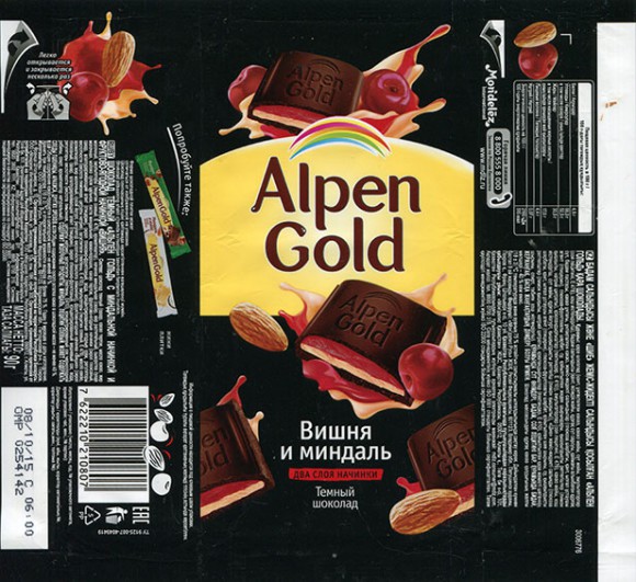Alpen Gold, dark chocolate with cherry and almonds, 90g, 08.10.2015, Mondelez International, Mondelez Rus, Pokrov, Russia
