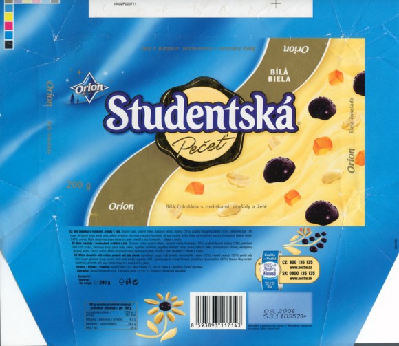 Studentska, white chocolate with raisins, peanuts and jelly pieces, 200g, 08.2005, Nestle Orion, Praha, Czech Republic