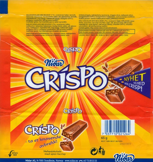 Crispo, milk chocolate with rice crisps, 65g, 24.10.2006, Nidar AS, Trondheim, Norway