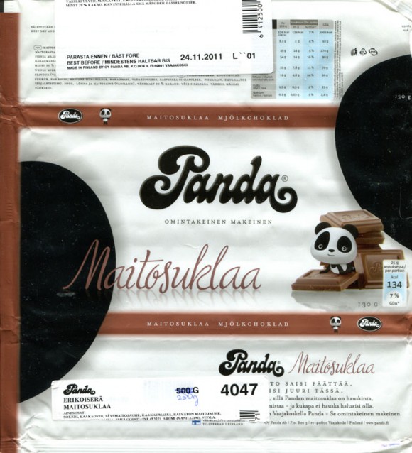 Milk chocolate, 130g, 24.11.2010, Panda chocolate factory, Vaajakoski, Finland