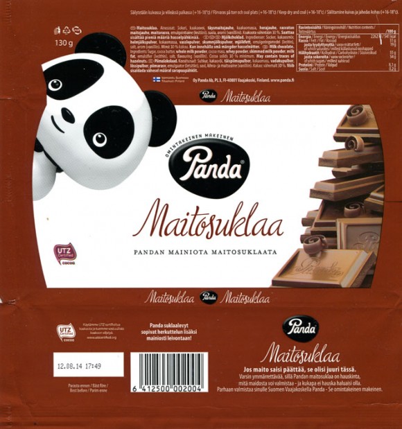 Milk chocolate, 130g, 12.08.2013, Panda chocolate factory, Vaajakoski, Finland