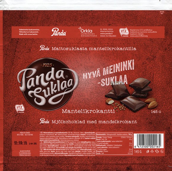 Hyva meininki- suklaa, milk chocolate with almond crocant, 145g, 21.08.2015, Orkla Confectionery and Snacks Finland, Panda, Maarianhamina, Finland