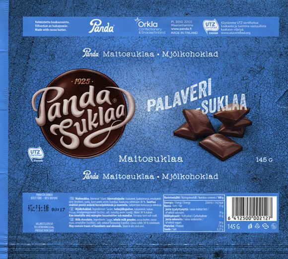 Palaveri- suklaa, milk chocolate, 145g, 16.11.2015, Orkla Confectionery and Snacks Finland, Panda, Maarianhamina, Finland