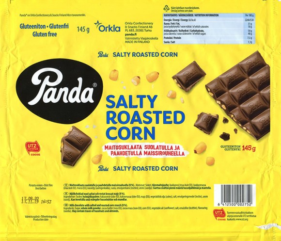Milk chocolate with salted and roasted corn crunch, 145g, 13.11.2019, Orkla Confectionery and snacks Finalnd, Panda, Vaajakoski, Finland
