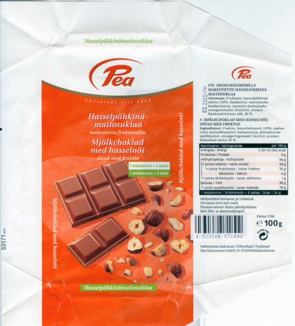 Milk chocolate with hazelnuts , sugar free, 100g, 08.2004, Pea Susswaren Gmbh, Veitshochheim, Germany