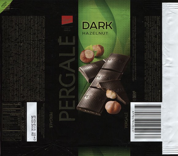 Dark chocolate with whole hazelnuts, 100g, 27.03.2015, Vilniaus Pergale AB, Vilnius, Lithuania
