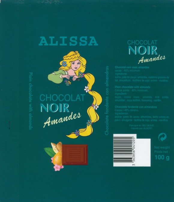 Alissa, plain chocolate with almonds, 100g, Made in Belgium for Albert