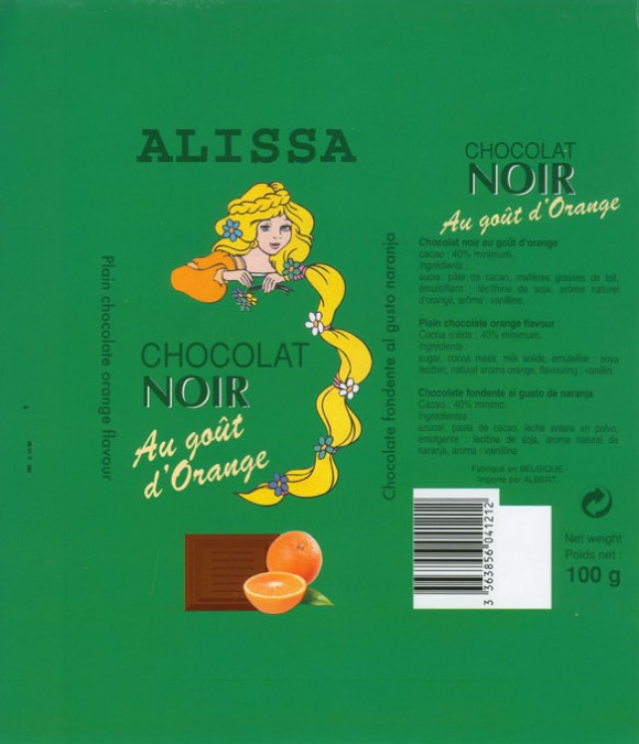 Alissa, plain chocolate orange flavour, 100g, Made in Belgium for Albert