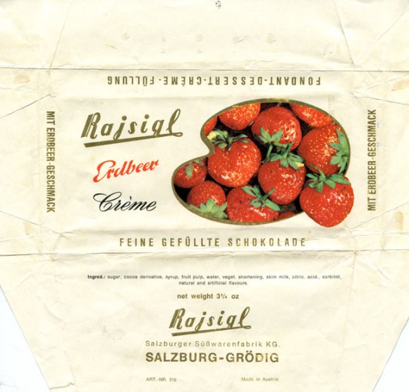 Erdbeer creme, Filled milk chocolate, 100g, about 1970, Rajsigl Salzburger Susswarenfabrik KG, Salzburg Grödig, Austria