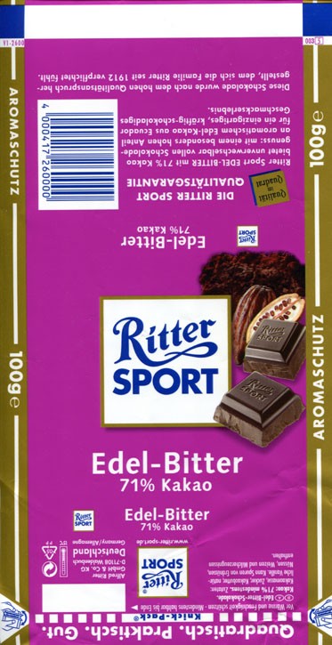 Ritter sport, dark chocolate, 100g, Alfred Ritter GmbH & Co. Waldenbuch, Germany
