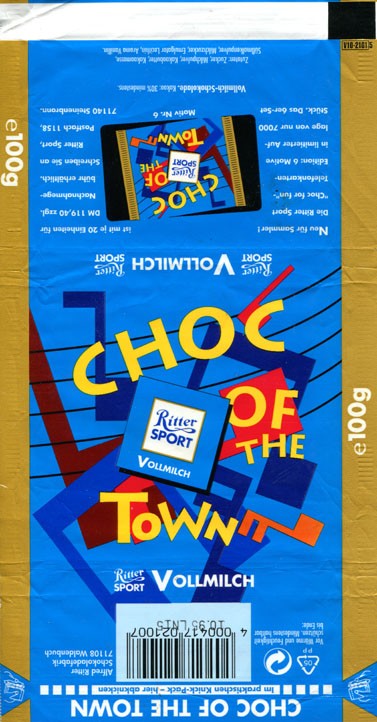 Ritter sport, choc of the town, milk chocoate, 100g, 10.1994, Alfred Ritter GmbH & Co. Waldenbuch, Germany
