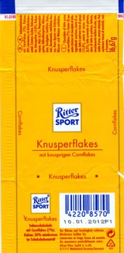 Ritter sport, chocolate with crisp cornflakes, 16,67g, 10.01.2011, Alfred Ritter GmbH & Co. Waldenbuch, Germany
