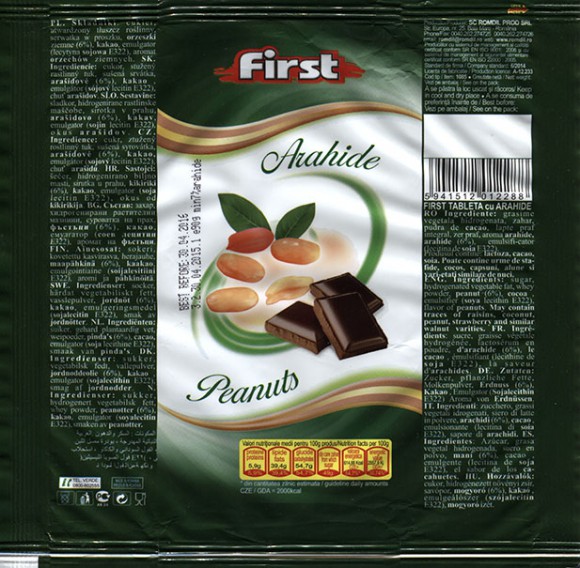First, milk chhocolate tablet with peanuts, 90g, 2015, S.C. ROMDIL Prod S.R.L., Baia-Mare, Romania