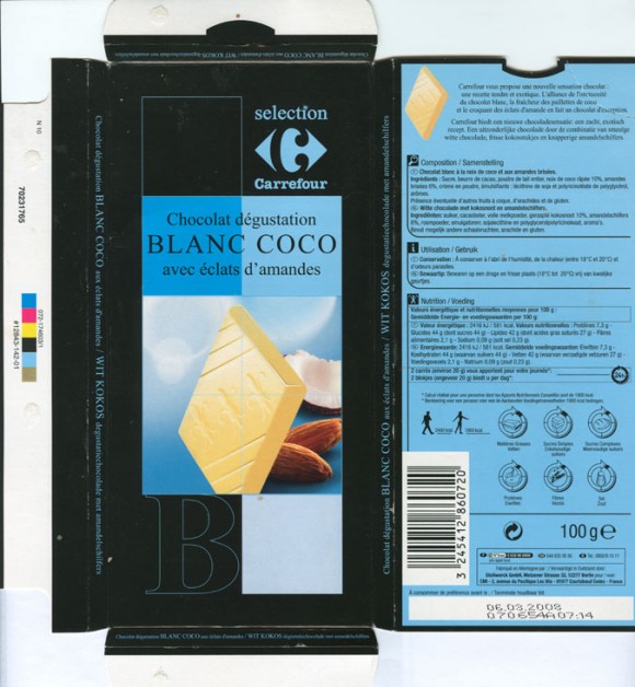 Blanc Coco, white chocolate with almonds and coconut, 100g, 06.03.2007, Stollwerck GmbH, Berlin, Germany