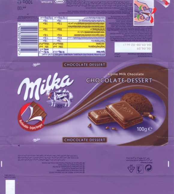 Milka, Alpine milk chocolate, Chocolate dessert, 100g, 06.06.2008, Kraft Foods Manufacturing GmbH & Co.KG, Bremen, Germany