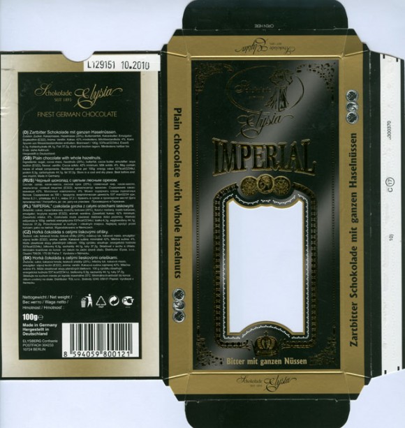 Imperial, plain chocolate with whole hazelnuts, 100g, 10.2009, Elysia, Elysberg Confiserie, Berlin, Germany 