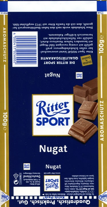 Ritter sport, nugat, milk chocolate with nougat, 100g, Alfred Ritter GmbH & Co. Waldenbuch, Germany