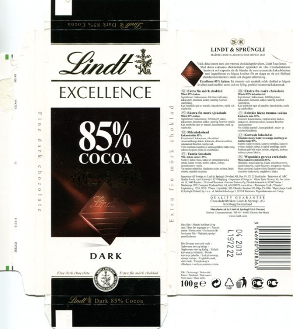 Lindt Excellence, extra fine dark chocolate, 100g, 02.2012, Lindt & Sprungli AG, Kilchberg, Switzerland