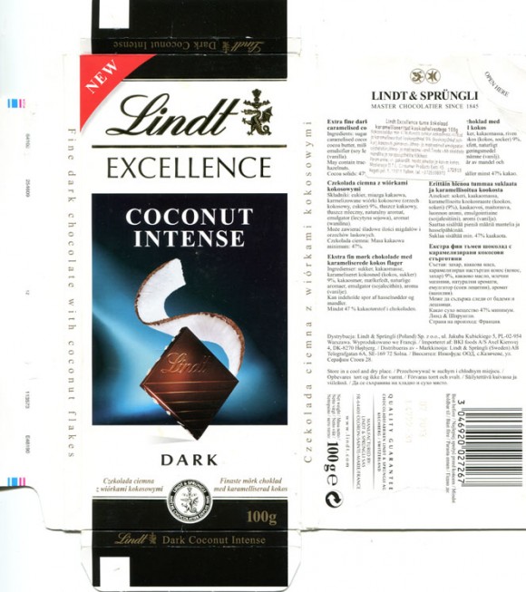 Lindt Excellence, extra fine dark chocolate with coconut, 100g, 10.2012, Lindt & Sprungli AG, Kilchberg, Switzerland